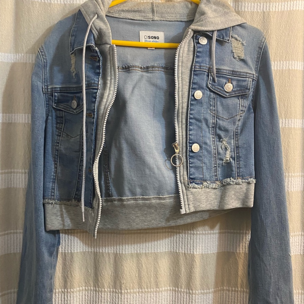 Women's Blue Denim Jacket with Gray Hoodie